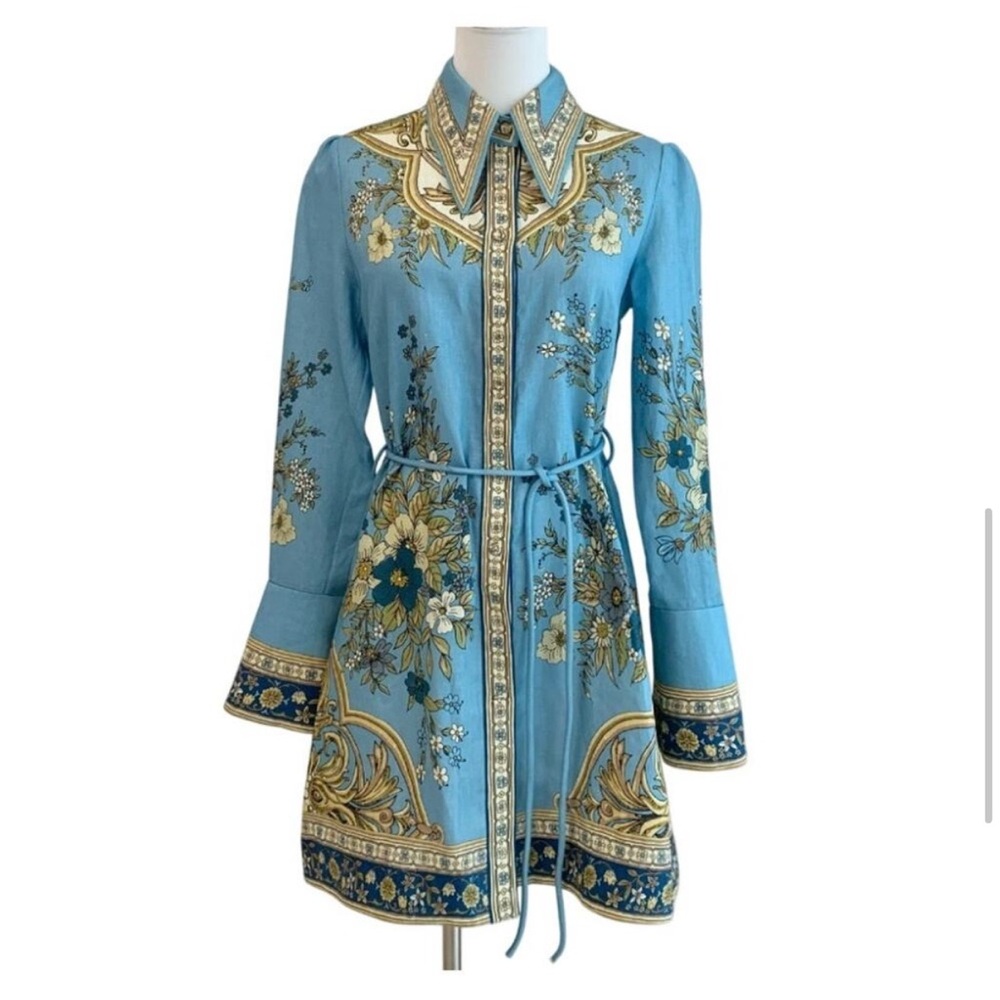 Alemais Cassie belted printed linen mini dress US 6